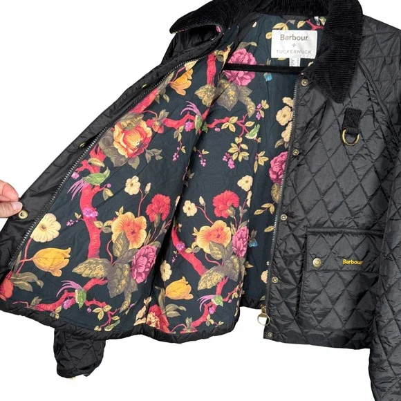 Barbour x Tuckernuck Kinsley Quilted Jacket Black Floral Lined Womens Sz 12 - Picture 11 of 16